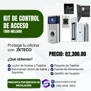 KIT Control de Acceso ZKTECO Biometrico, Boton, Electroiman, Montaje, Tarjetas ID, Fuente alimentacion y bateria