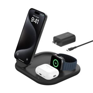 Belkin - Cargador Inalámbrico Plegable Magnético + 3 en 1 con Qi2 15W, Negro