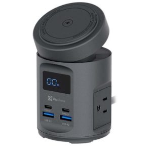Klip Xtreme - Estación de Carga x2 Tomas NEMA 5-15P, x2 USB-C, x2 USB-A, x1 Cargador Inalámbrico - 65W