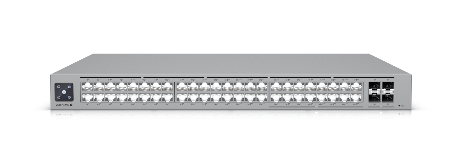 Ubiquiti - Ubiqui Pro Max 48 PoE Switch de Red 32 Puertos GbE, 16 Puertos 2.5GbE, 4 Puertos SFP+ 10G, PoE+ y PoE++ - 720W